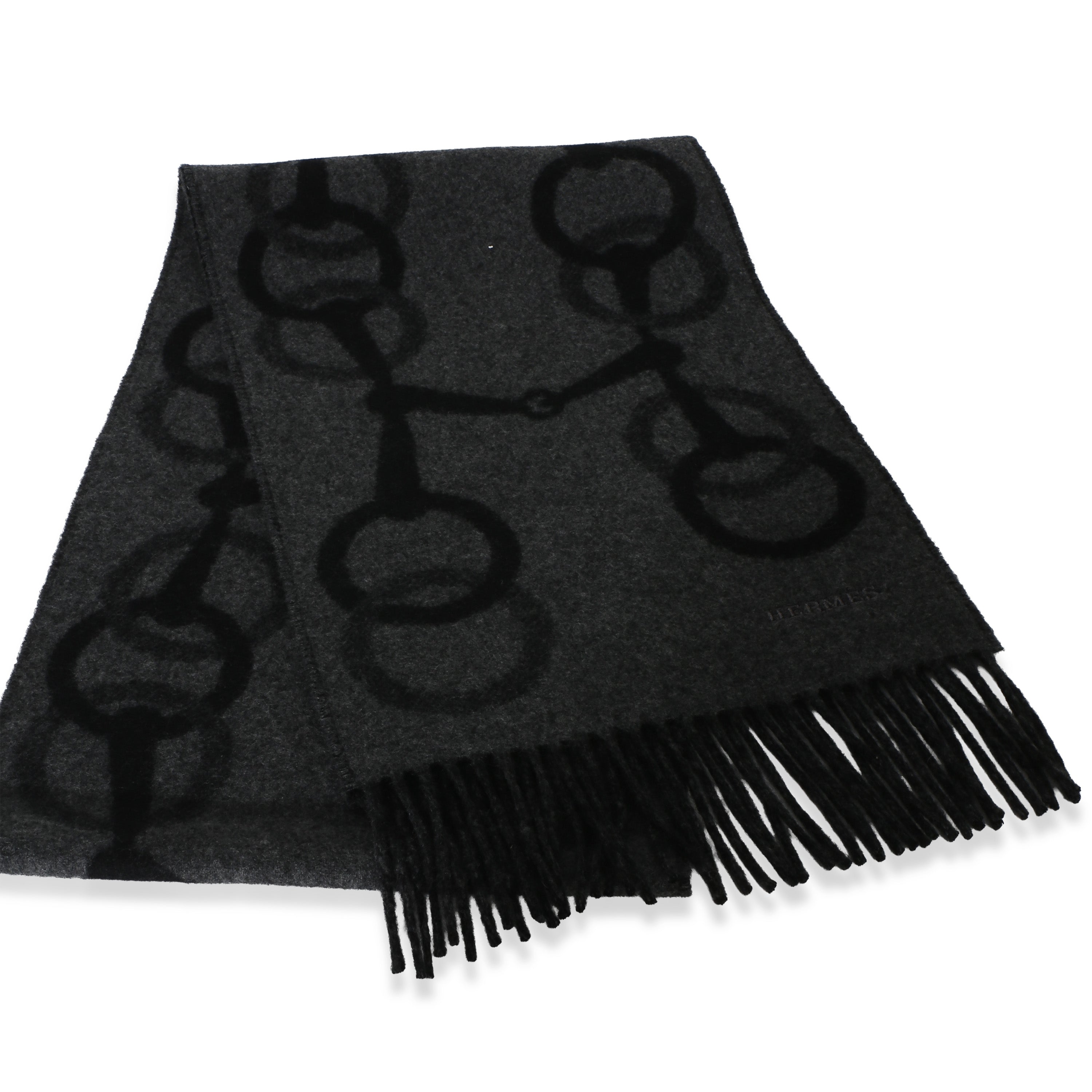 Hermès Black Gris Any Mors Cashmere Muffler Scarf id