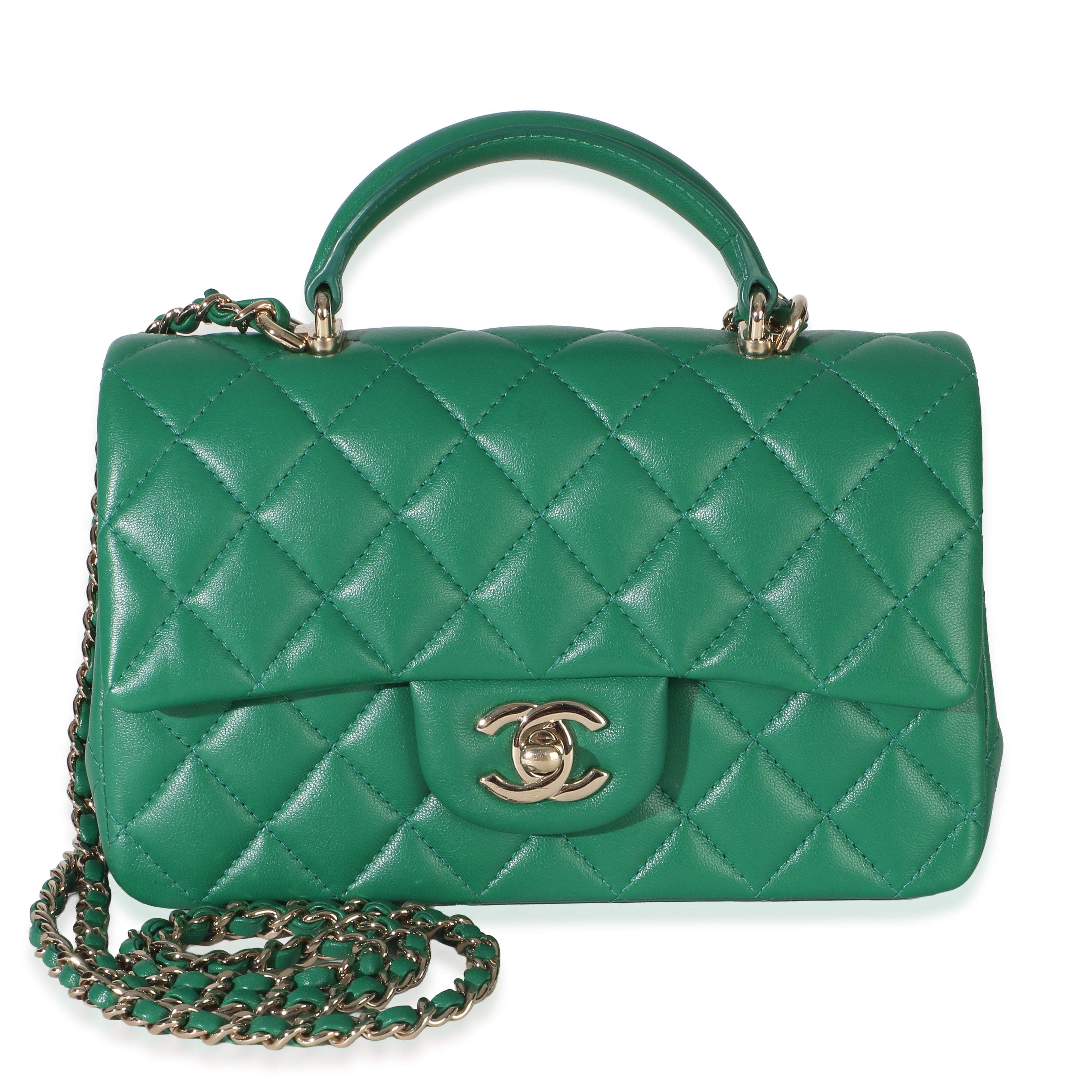 Chanel Green Quilted Lambskin Mini Top Handle Rectangular Flap Bag Handbag id