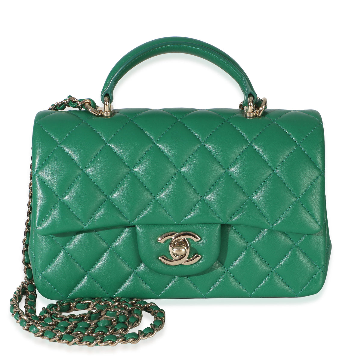 Chanel Green Quilted Lambskin Mini Top Handle Rectangular Flap Bag Handbag id