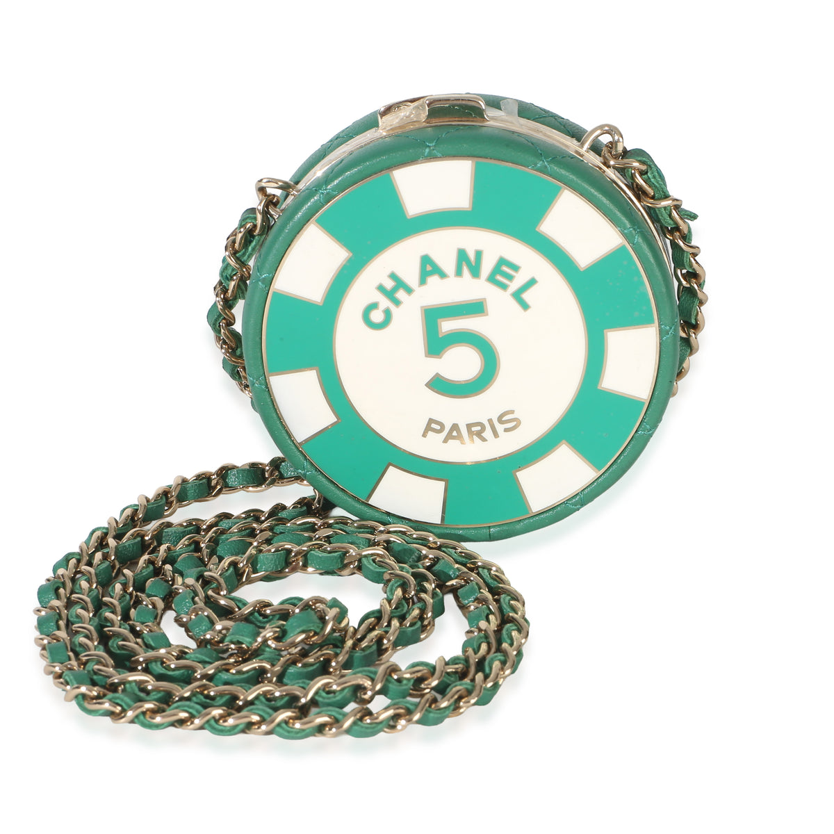 Chanel Green White Quilted Lambskin Enamel Round Poker Chip Clutch With Chain Handbag id