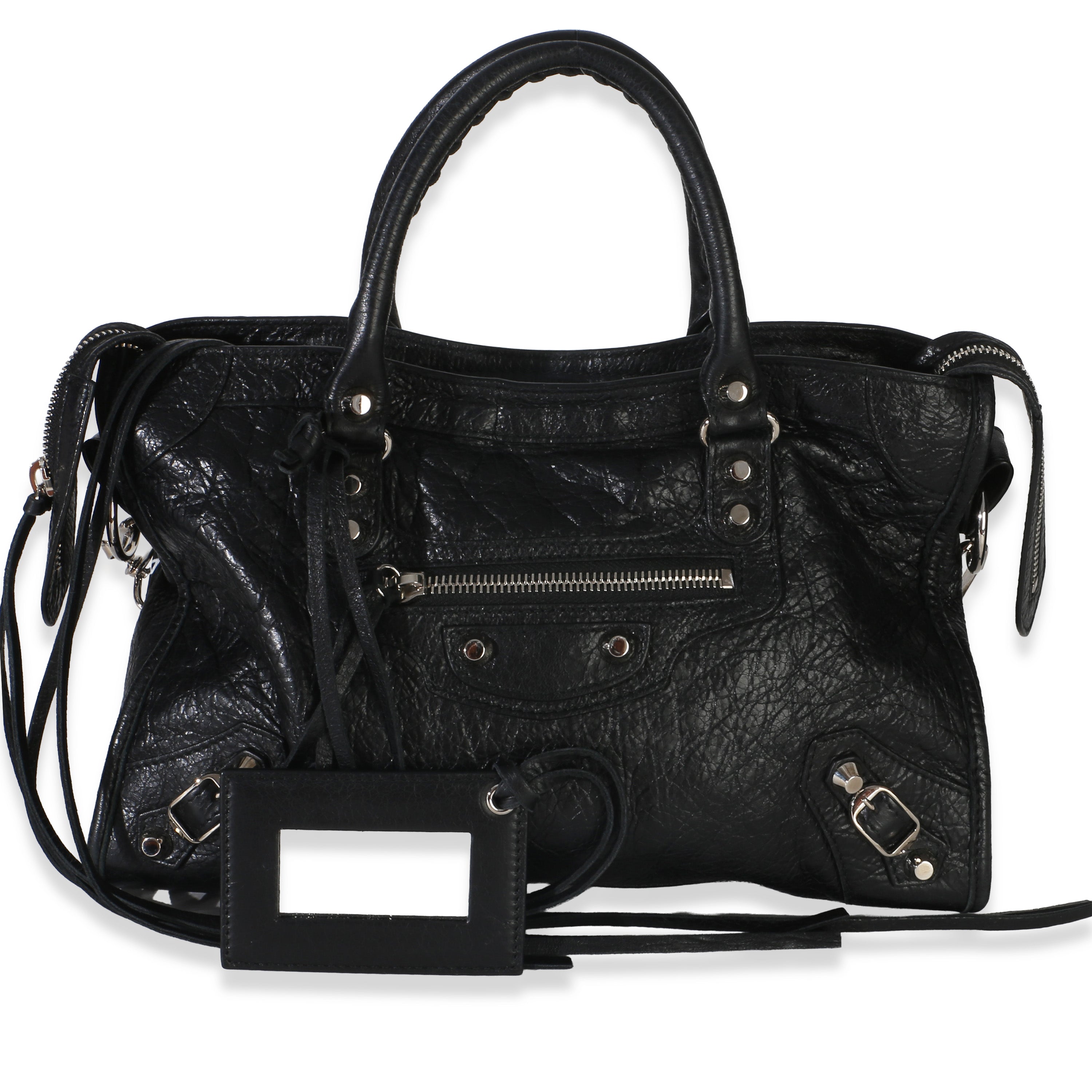 Balenciaga Black Agneau Silver Hardware Logo Strap City Bag Handbag id