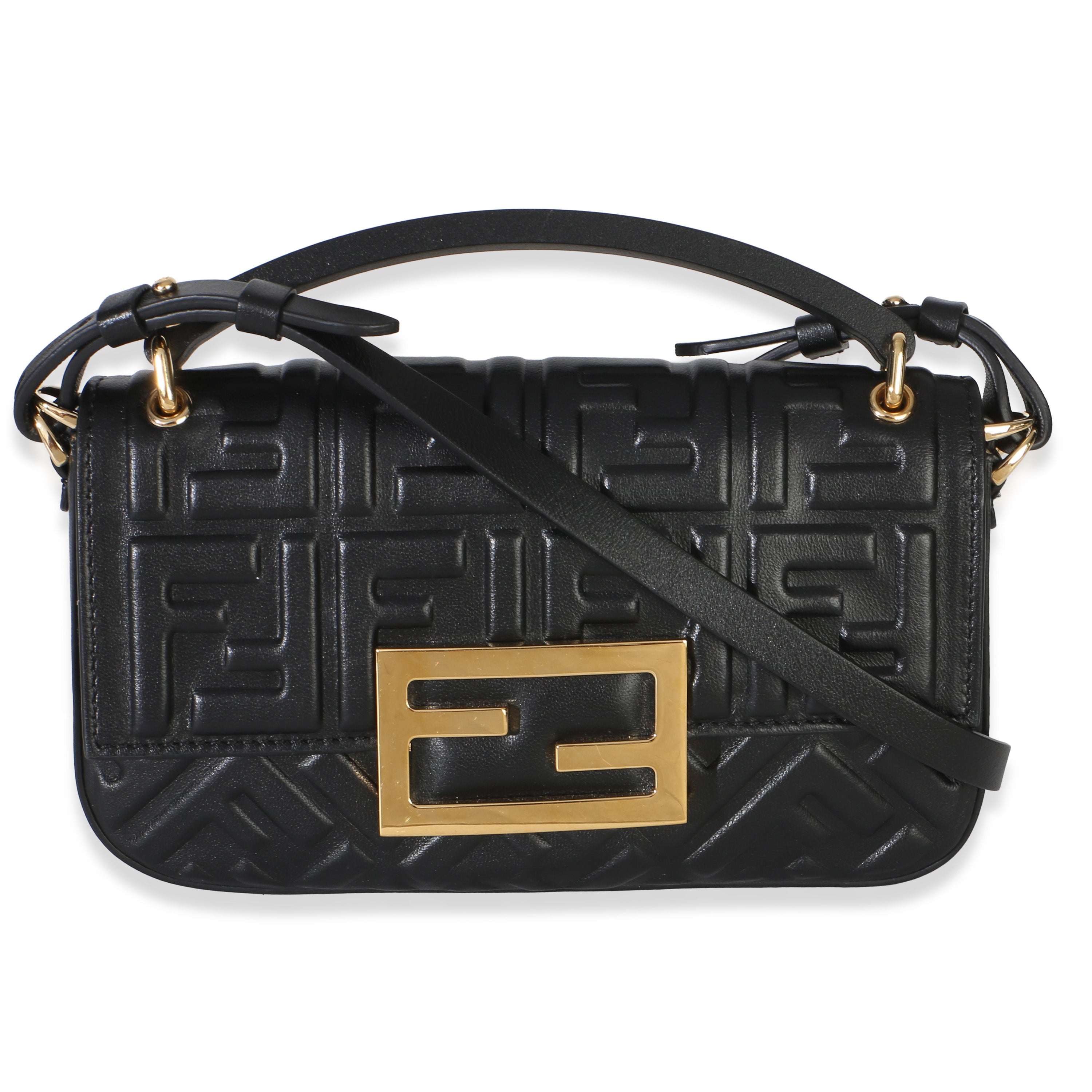Fendi Black Nappa FF 1974 Embossed Mini Baguette Handbag id