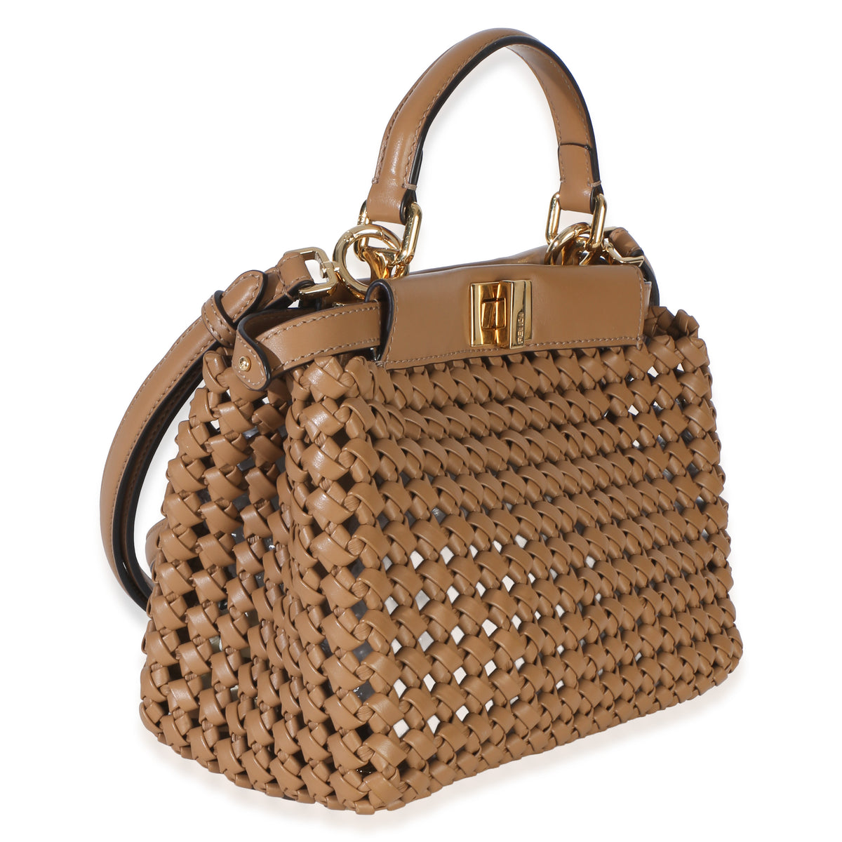 Fendi Cappuccino Woven Calfskin Mini Peekaboo Iconic Satchel Handbag 3