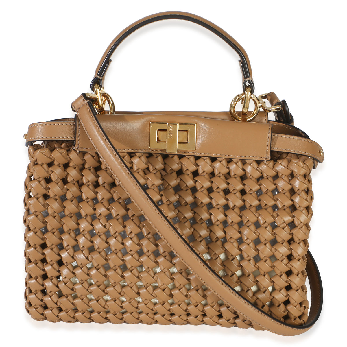 Fendi Cappuccino Woven Calfskin Mini Peekaboo Iconic Satchel Handbag 4