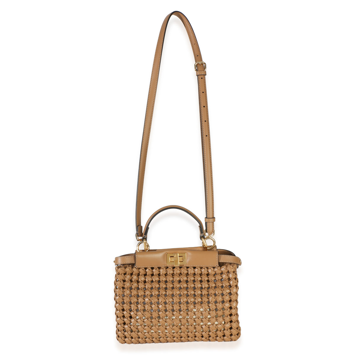 Fendi Cappuccino Woven Calfskin Mini Peekaboo Iconic Satchel Handbag 8