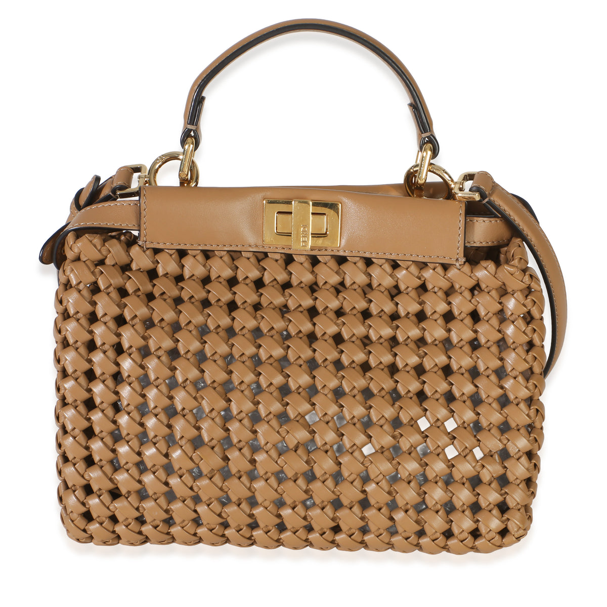 Fendi Cappuccino Woven Calfskin Mini Peekaboo Iconic Satchel Handbag fv