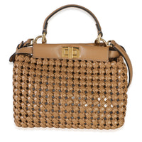 Fendi Cappuccino Woven Calfskin Mini Peekaboo Iconic Satchel Handbag fv