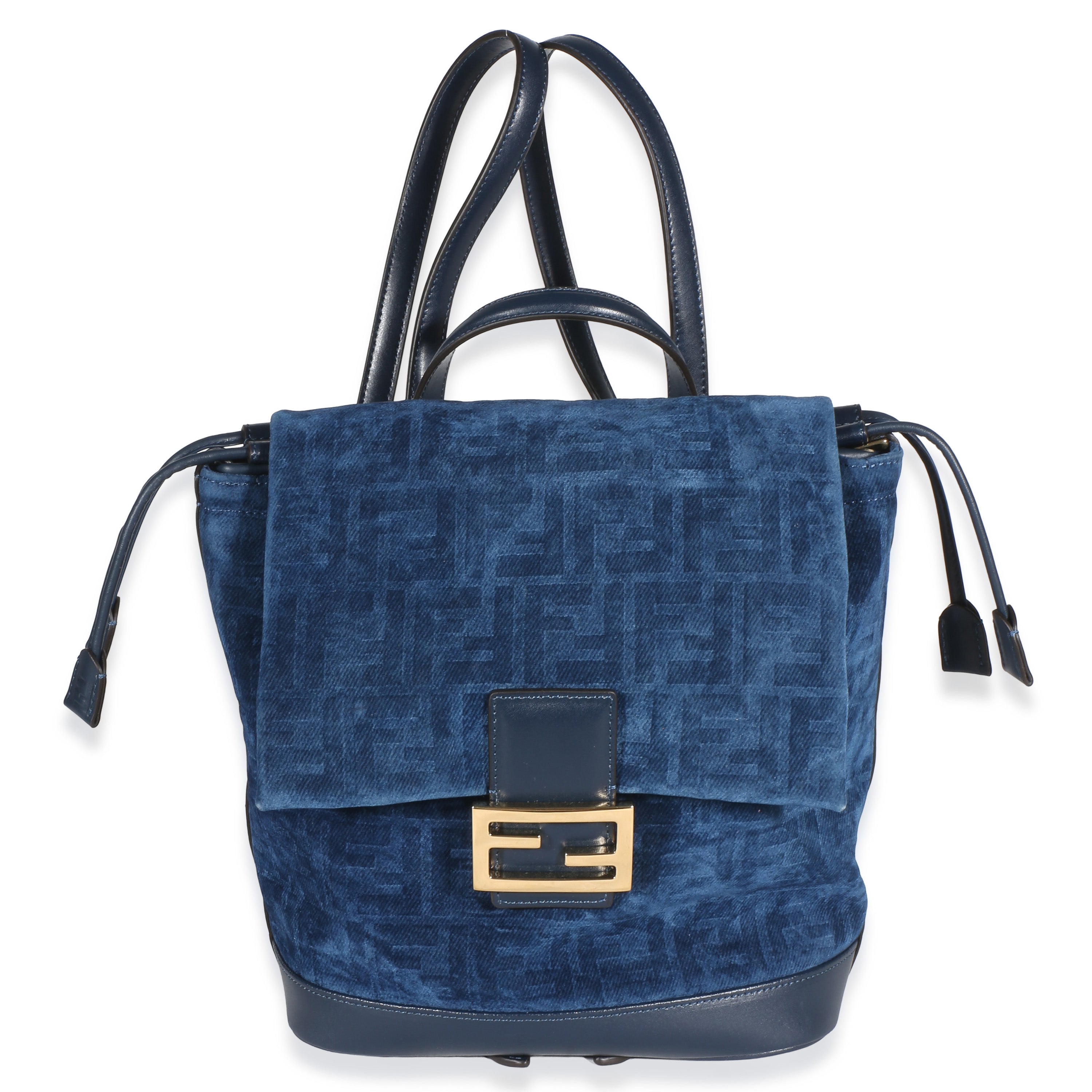 Fendi Blue Abyss FF Flocked Denim Drawstring Backpack Handbag fv