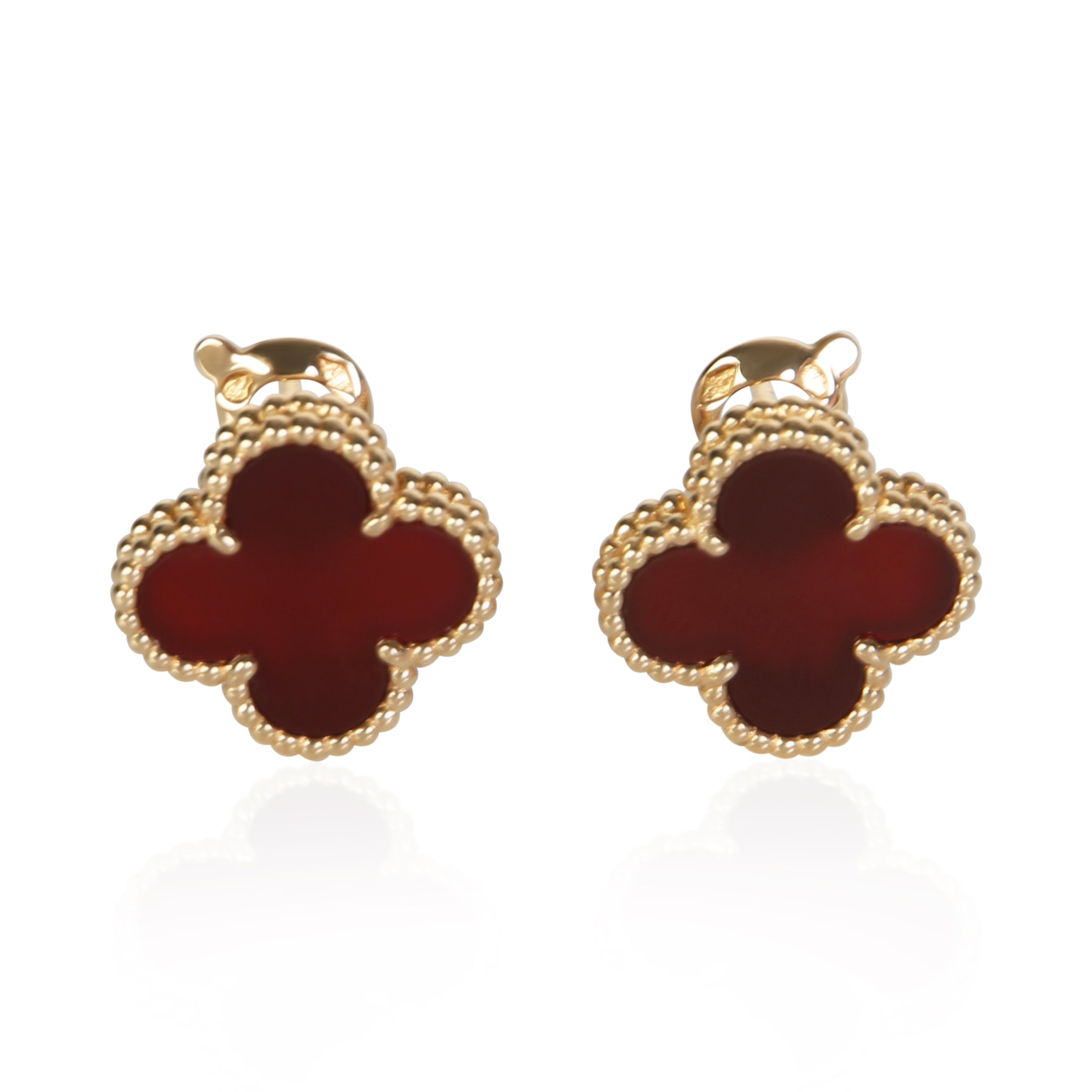 Van Cleef & Arpels Yellow Gold Carnelian Vintage Alhambra Earrings fv