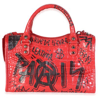 Balenciaga Red Croc Embossed Calfskin Graffiti Classic Hardware Mini City Bag Handbag 4