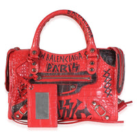 Balenciaga Red Croc Embossed Calfskin Graffiti Classic Hardware Mini City Bag Handbag fv