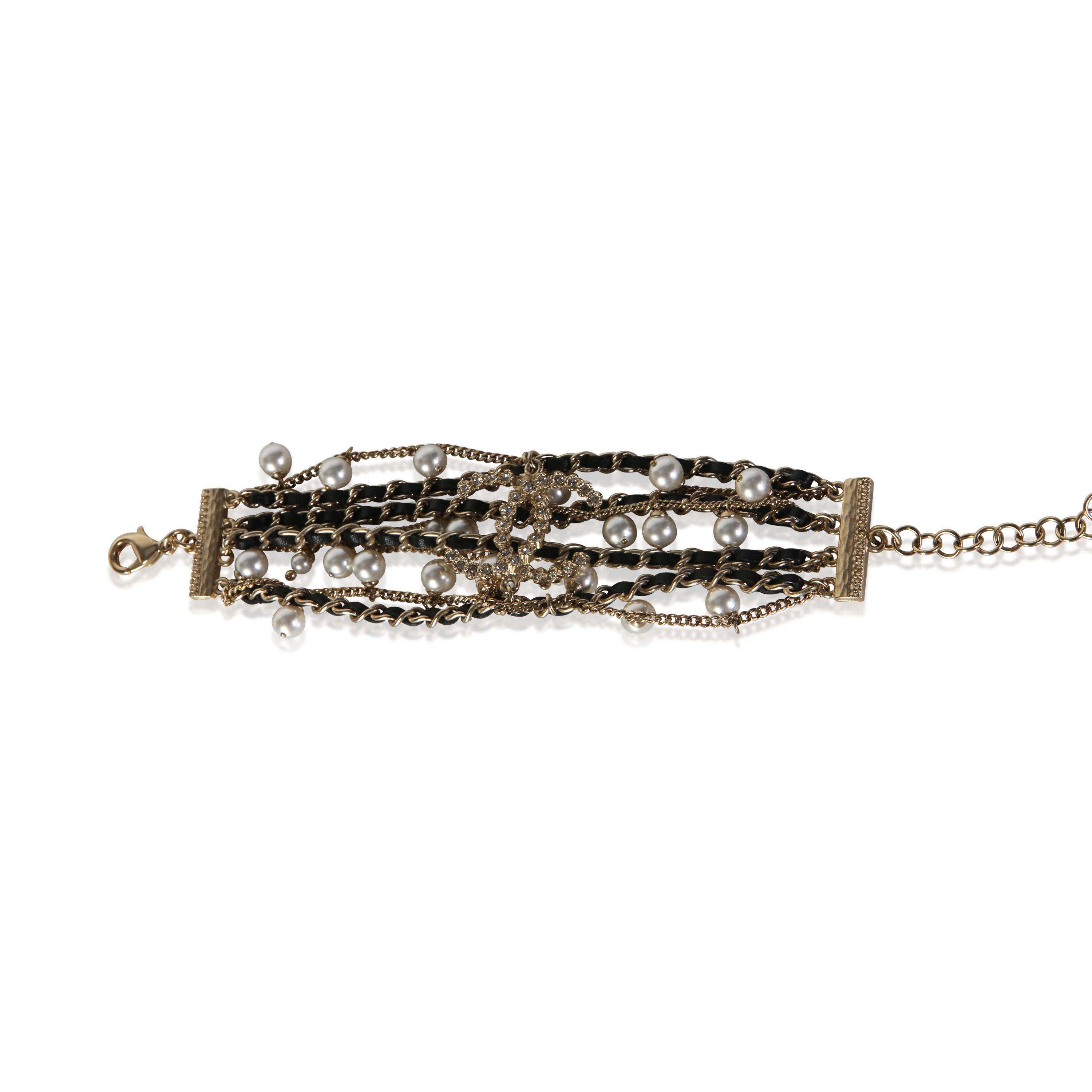 Chanel Gold Plated 2018 Leather & Faux Pearl CC Bracelet fv
