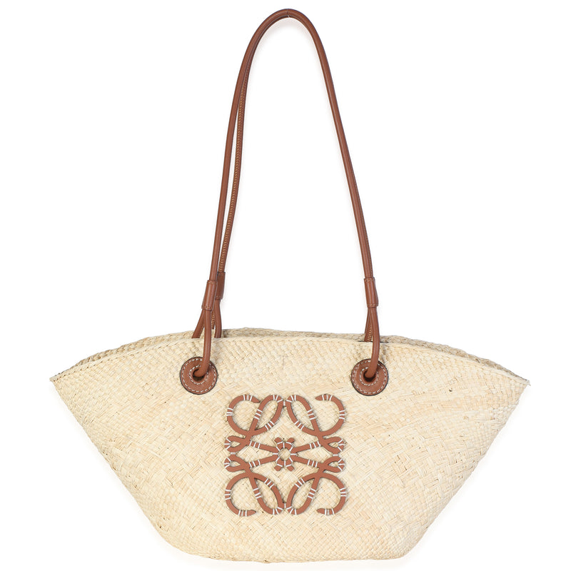 Loewe Natural Tan Calfskin Raffia Small Anagram Basket Tote Handbag fv