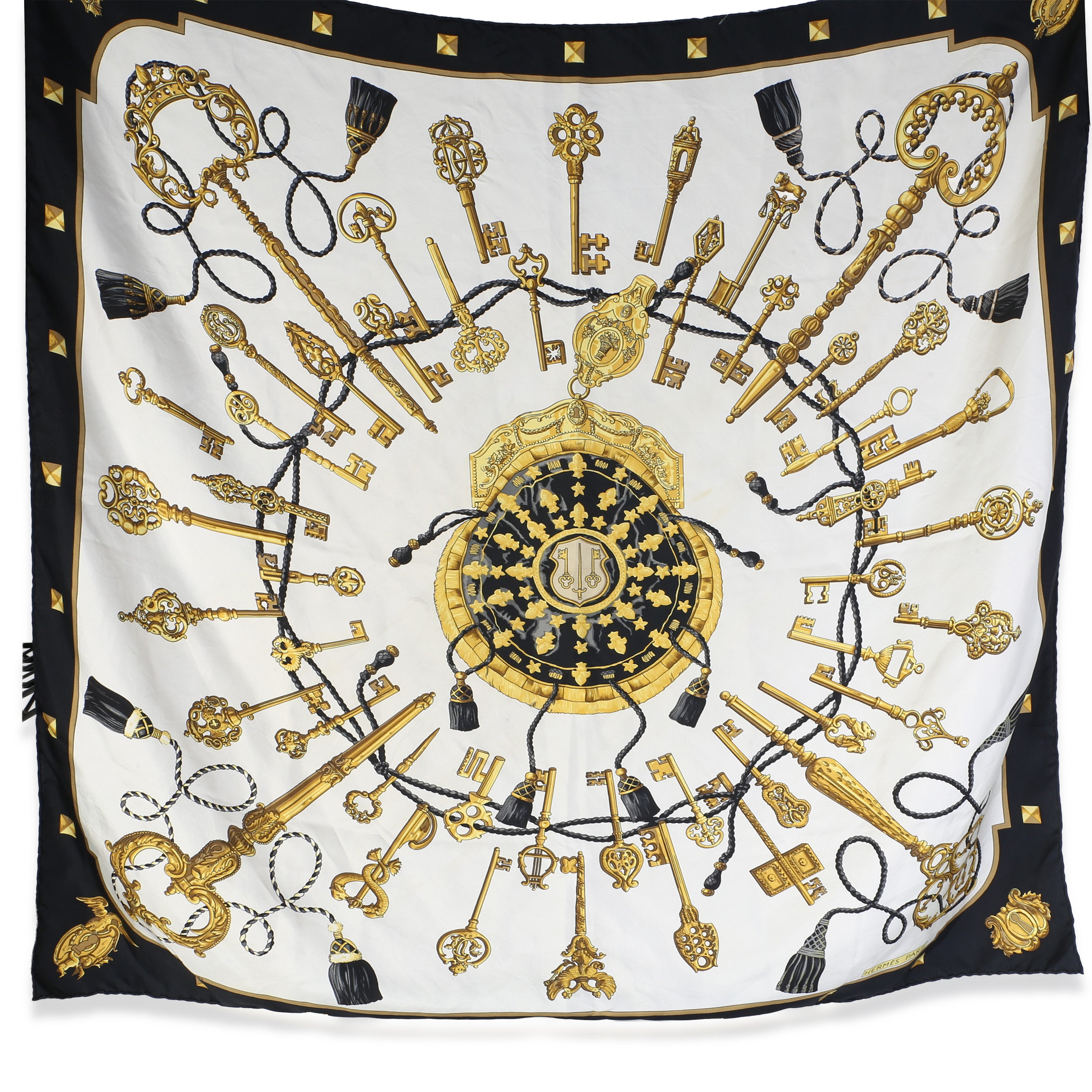 Hermès Cream Black Silk Les Cles Scarf 90 id