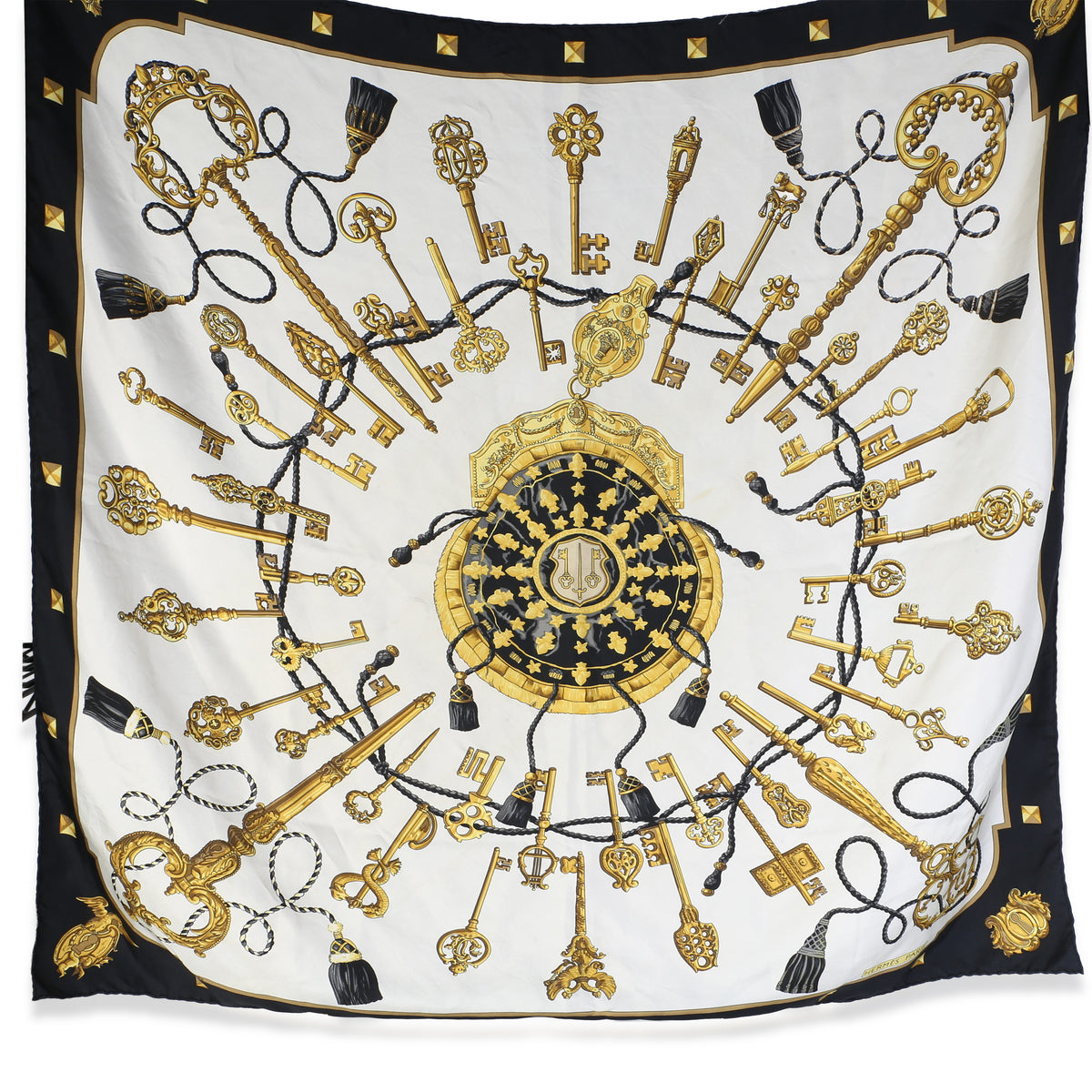 Hermès Cream Black Silk Les Cles Scarf 90 id