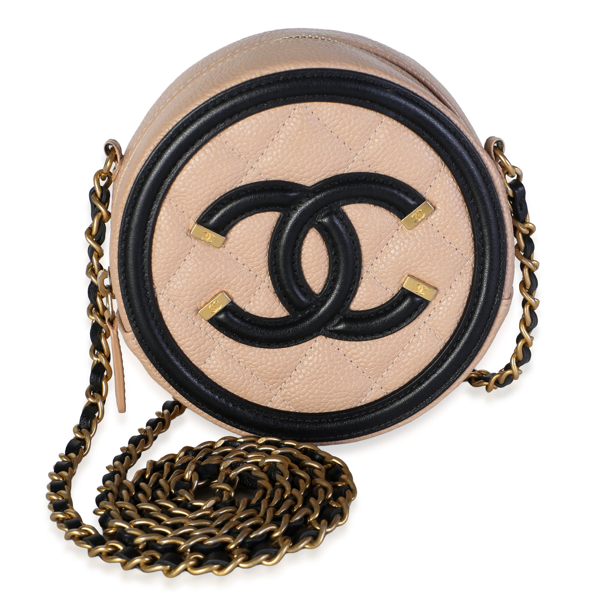 Chanel Black Beige Quilted Caviar Round Filigree Crossbody Handbag id