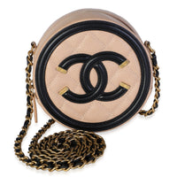 Chanel Black Beige Quilted Caviar Round Filigree Crossbody Handbag id