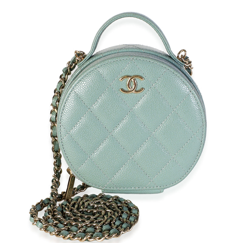 Chanel Light Green Quilted Caviar Handle With Care Round Vanity Case Handbag fv