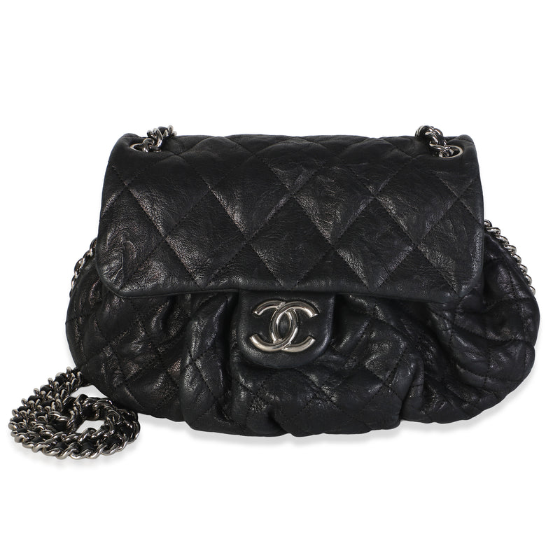 Chanel Black Washed Quilted Lambskin Chain Around Flap Bag Handbag fv
