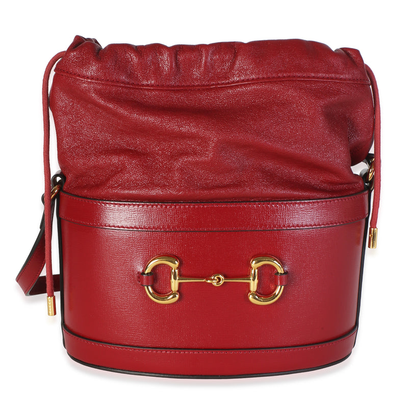 Gucci Red Calfskin Horsebit 1955 Drawstring Bucket Bag Handbag fv