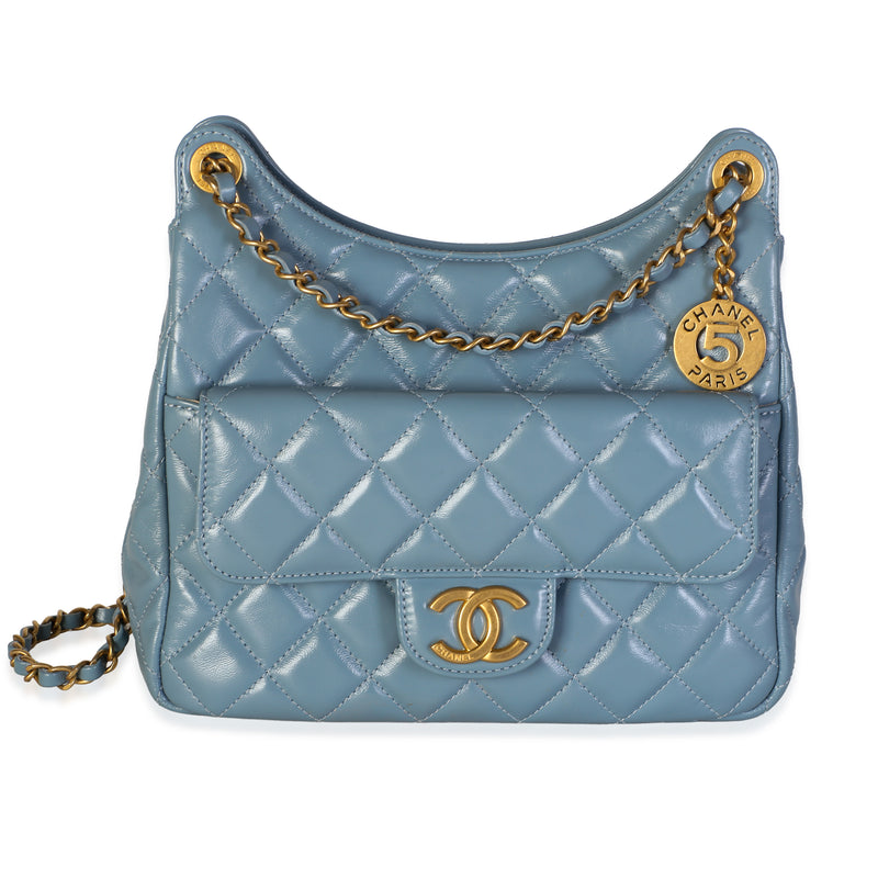Chanel Blue Shiny Quilted Calfskin Small Wavy CC Hobo Handbag fv