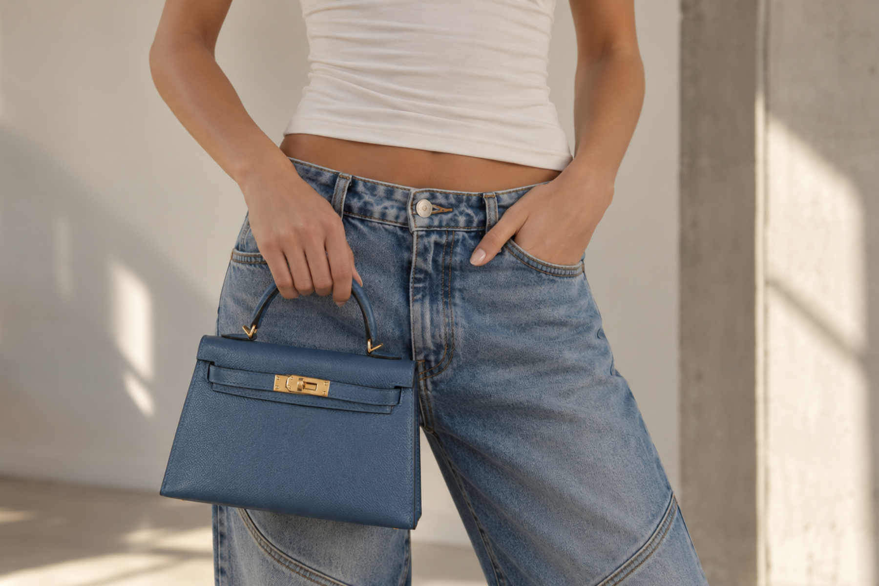 A person wearing a white ribbed crop top and light-wash blue jeans holds a Hermès Kelly blue handbag with gold-tone hardware against a sunlit indoor wall.