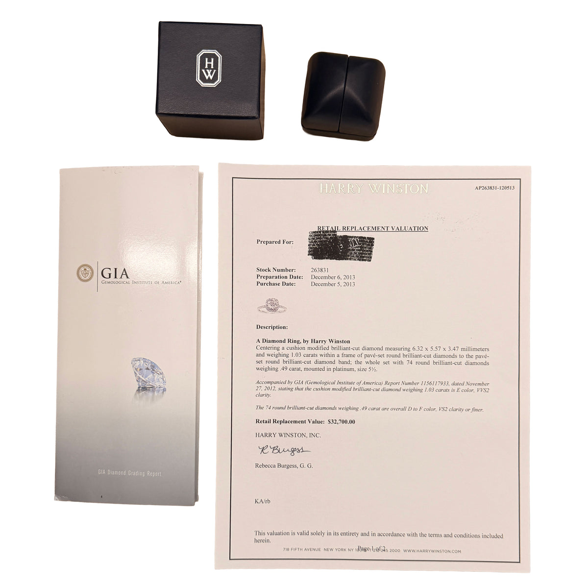 Harry Winston 1.03 ct Cushion Modified Diamond Engagement Ring box