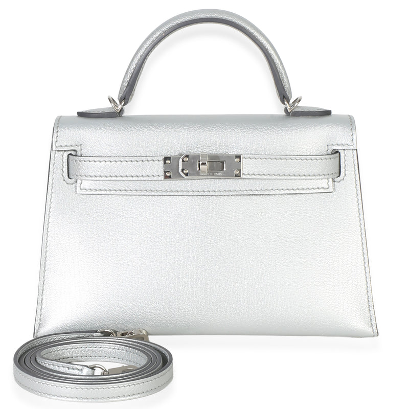Hermès Argent Metallic Chevre Chamkilight Sellier Mini Kelly II 20 PHW Handbag fv