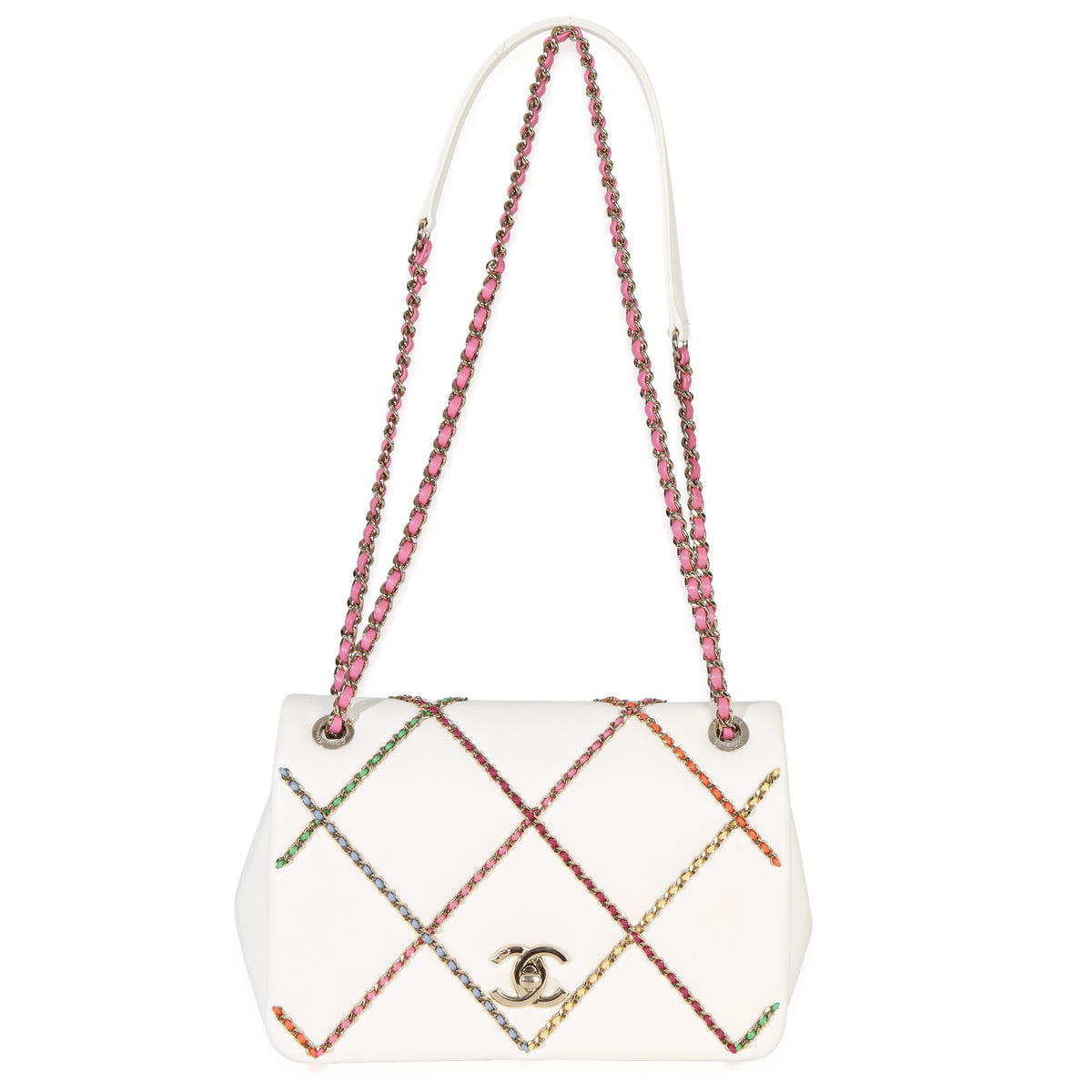 Chanel White Lambskin Multicolor Chain Intertwined Small Flap Bag Handbag av