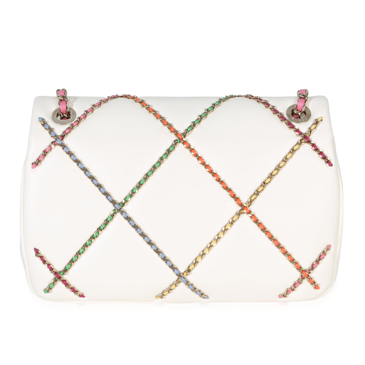 Chanel White Lambskin Multicolor Chain Intertwined Small Flap Bag Handbag bv