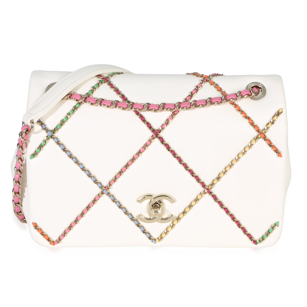 Chanel White Lambskin Multicolor Chain Intertwined Small Flap Bag Handbag fv