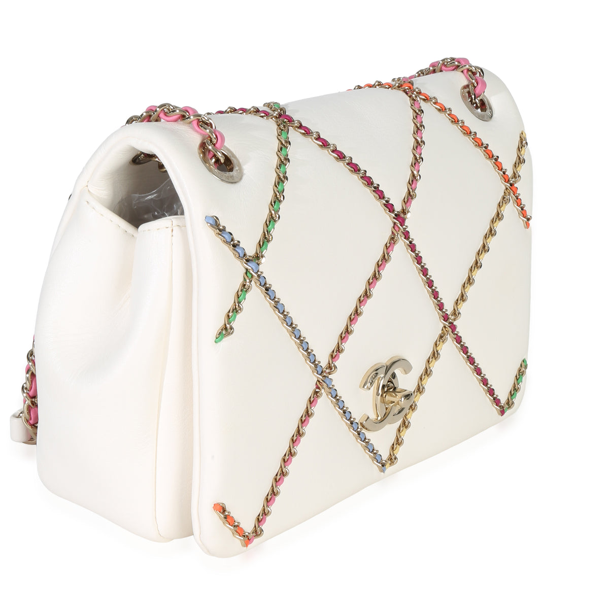 Chanel White Lambskin Multicolor Chain Intertwined Small Flap Bag Handbag pv