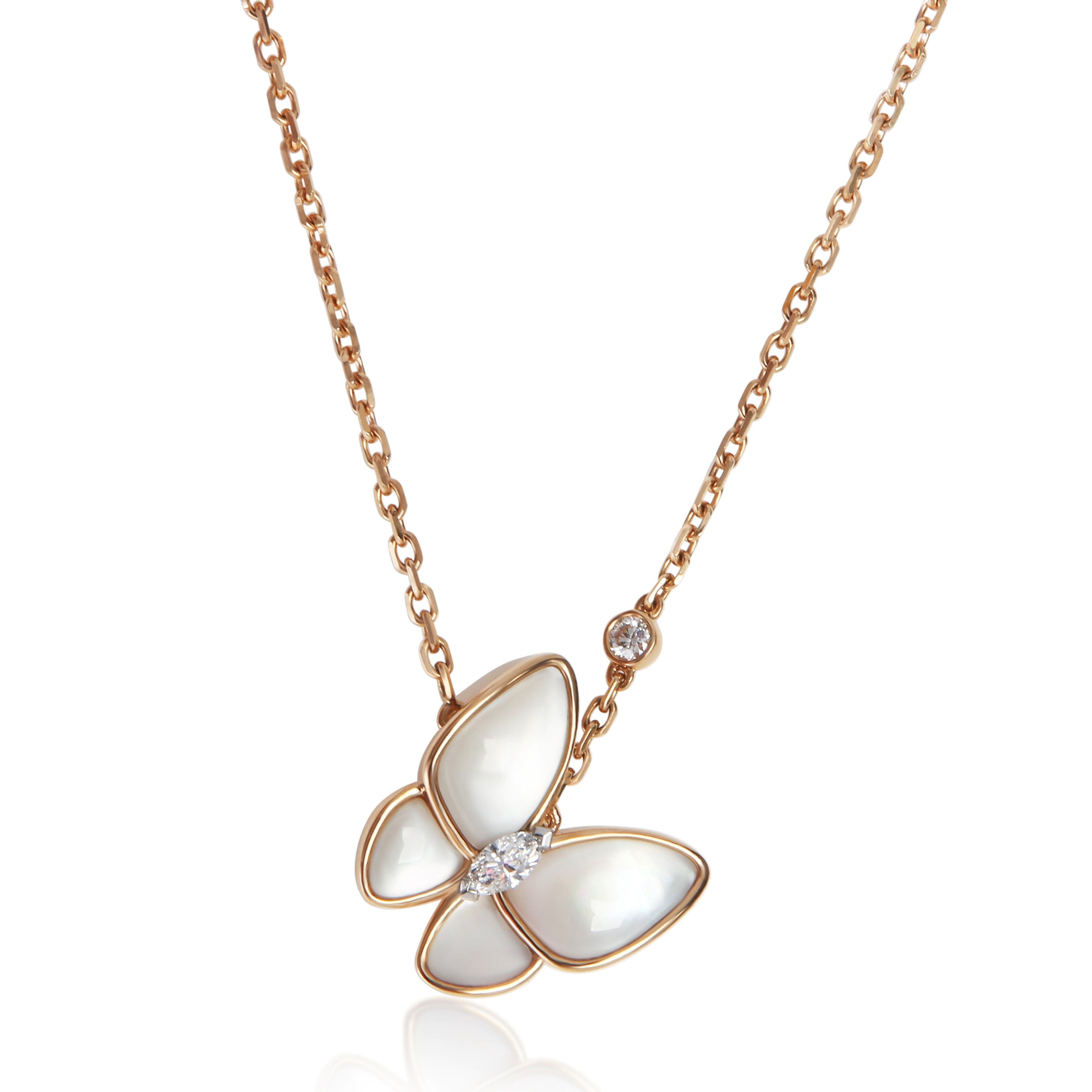 Van Cleef & Arpels Rose Gold Mother Of Pearl and Diamond Two Butterfly Pendant fv