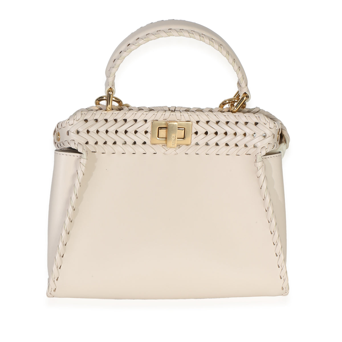 Fendi Cream Vitello King Interlace Mini Peekaboo Iconic Satchel Handbag fv